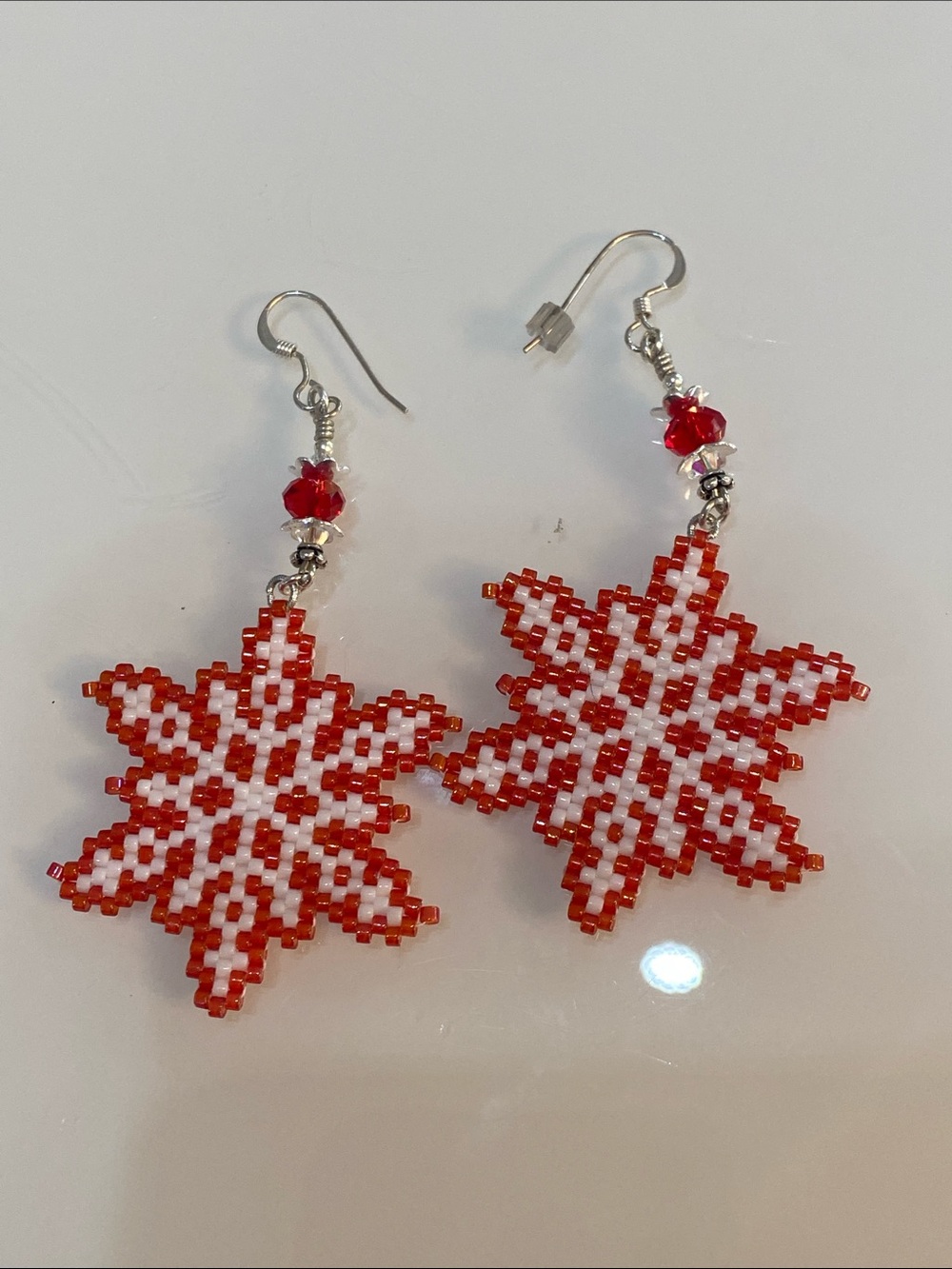 Sterling silver Handmade Red and White Beaded Star Earrings